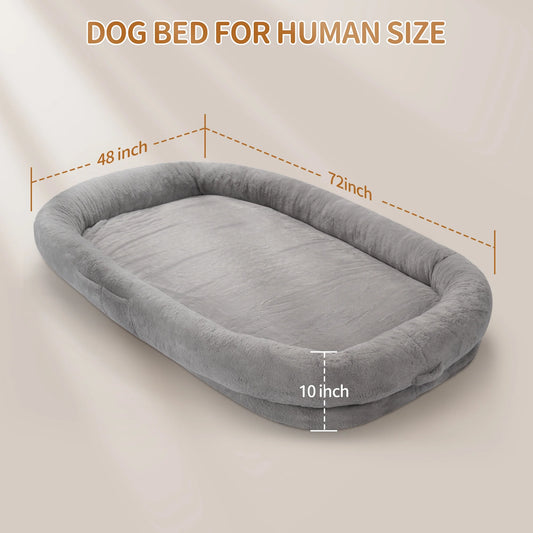 Human Dog Bed with Blanket,Large Dog Bed 72'' X 48'' X 10'', Washable Fur Cover, Memory Foam, Grey