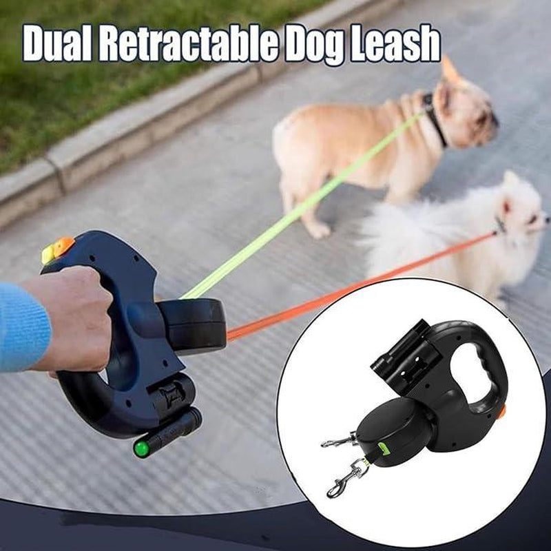 Anti-Tangling Double-Headed Dog Leash, Suitable for Two Small to Medium-Sized Dogs (30 Lbs), 10-Foot Retractable Leash, Lightweight and Durable Handle, Dog Safety Accessory, Includes Flashlight.