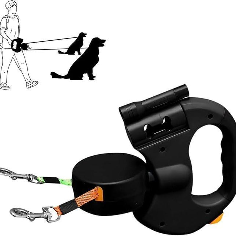Anti-Tangling Double-Headed Dog Leash, Suitable for Two Small to Medium-Sized Dogs (30 Lbs), 10-Foot Retractable Leash, Lightweight and Durable Handle, Dog Safety Accessory, Includes Flashlight.