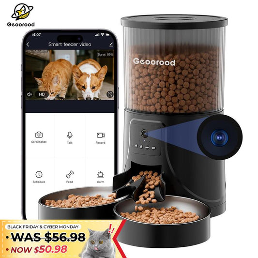 Geoorood Automatic Pet Feeder with Camera, 1080P HD Video , 2.4G Wifi Pet Feeder with 2-Way Audio, 4L Large Capacity, Dual Bowl Design for Cats and Dogs