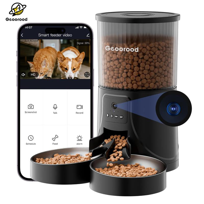 Geoorood Automatic Pet Feeder with Camera, 1080P HD Video , 2.4G Wifi Pet Feeder with 2-Way Audio, 4L Large Capacity, Dual Bowl Design for Cats and Dogs