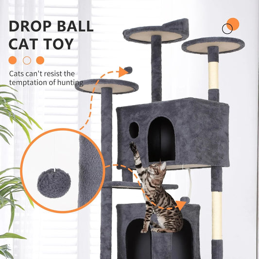 81In Cat Tree Tower for Indoor Cats,Multi-Level Cat Furniture Activity Center with Cat Scratching Posts Stand House Cat Condo with Funny Toys for Kittens Pet Play House,Dark Gray