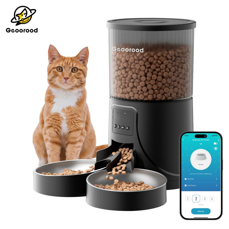 Geoorood Automatic Pet Feeder with Camera, 1080P HD Video , 2.4G Wifi Pet Feeder with 2-Way Audio, 4L Large Capacity, Dual Bowl Design for Cats and Dogs