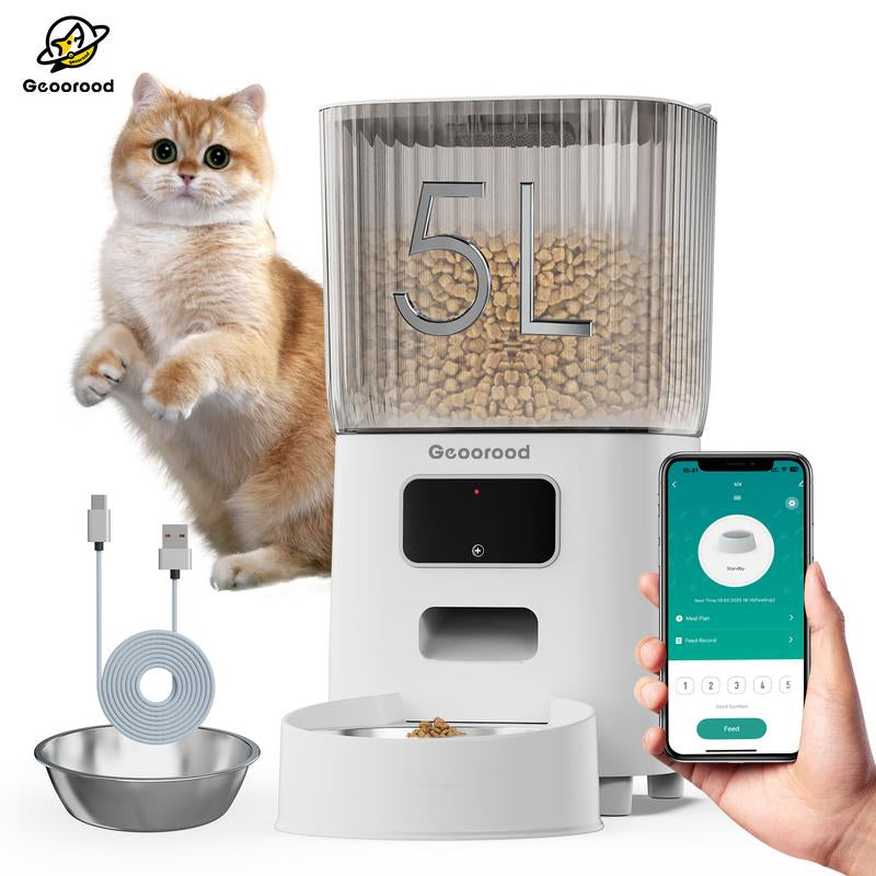 Geoorood Automatic Pet Feeder with Camera, 1080P HD Video , 2.4G Wifi Pet Feeder with 2-Way Audio, 4L Large Capacity, Dual Bowl Design for Cats and Dogs
