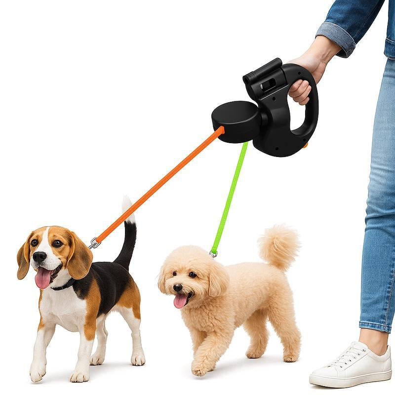 Anti-Tangling Double-Headed Dog Leash, Suitable for Two Small to Medium-Sized Dogs (30 Lbs), 10-Foot Retractable Leash, Lightweight and Durable Handle, Dog Safety Accessory, Includes Flashlight.