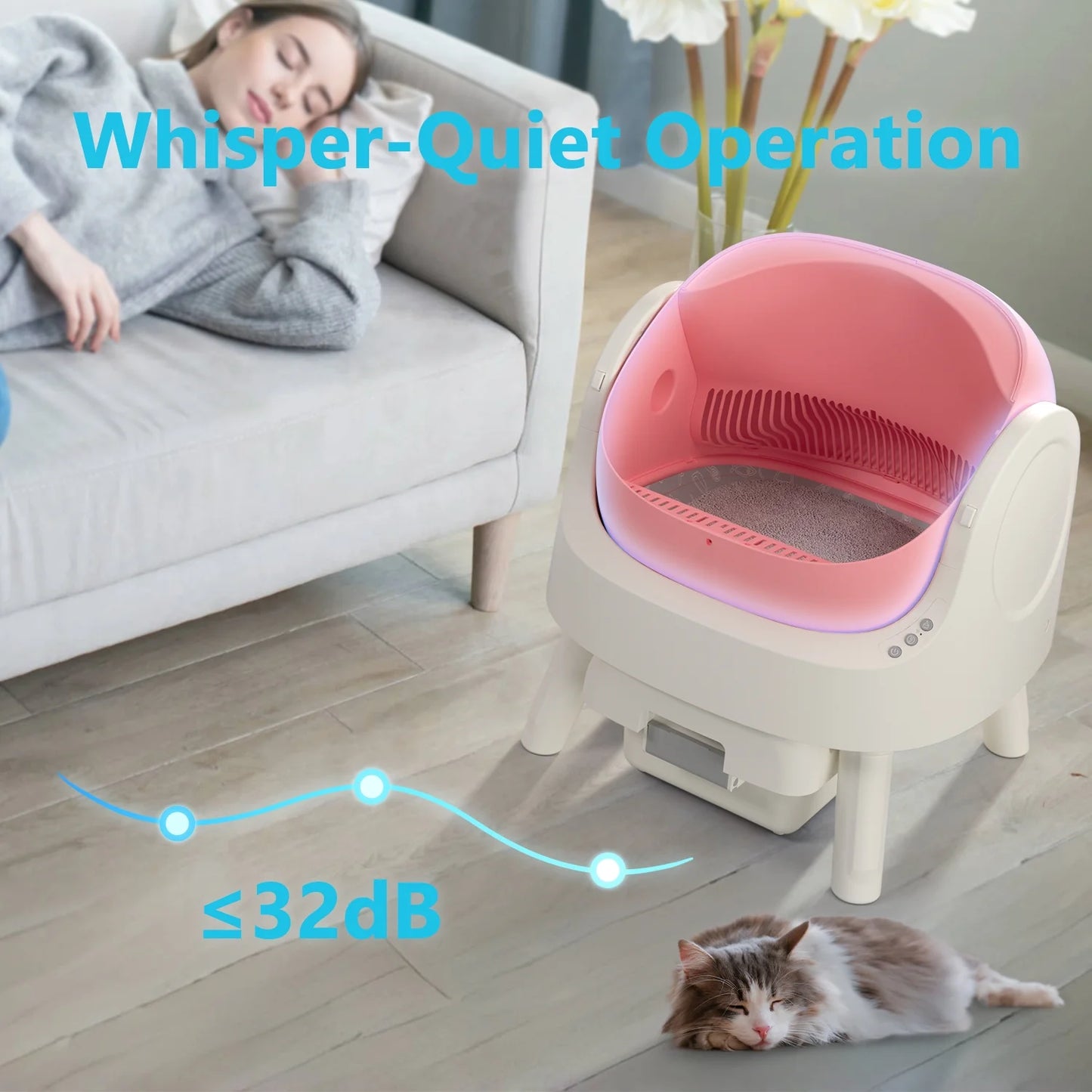 Automatic Cat Litter Box Self-Cleaning with Safety Protection, Mat and Trash Bags Included, Pink